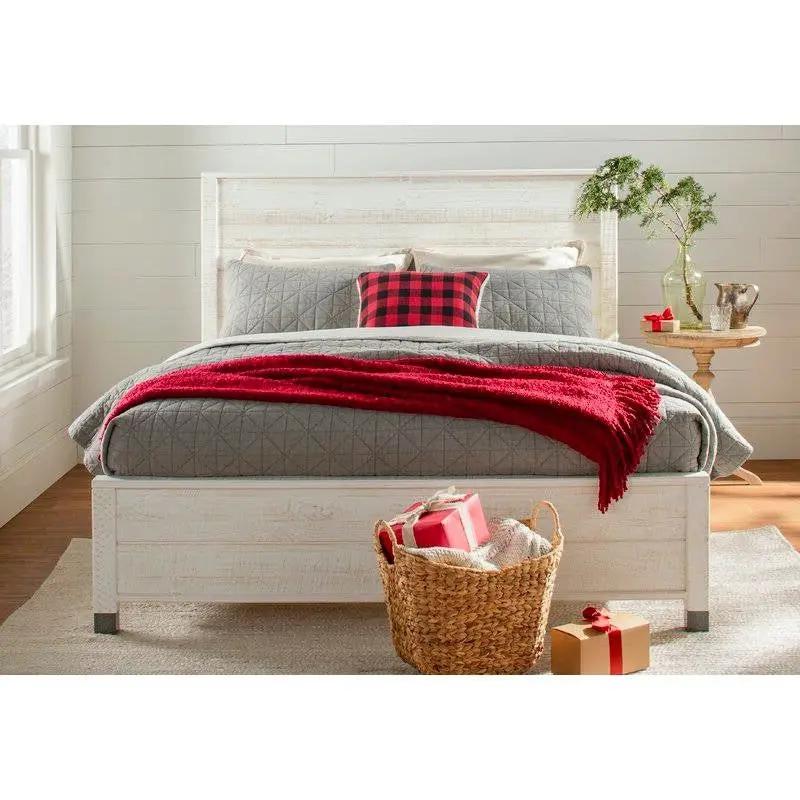 Queen Size Solid Wood Platform Bed Frame with Headboard in Rustic White Finish by HomePacific