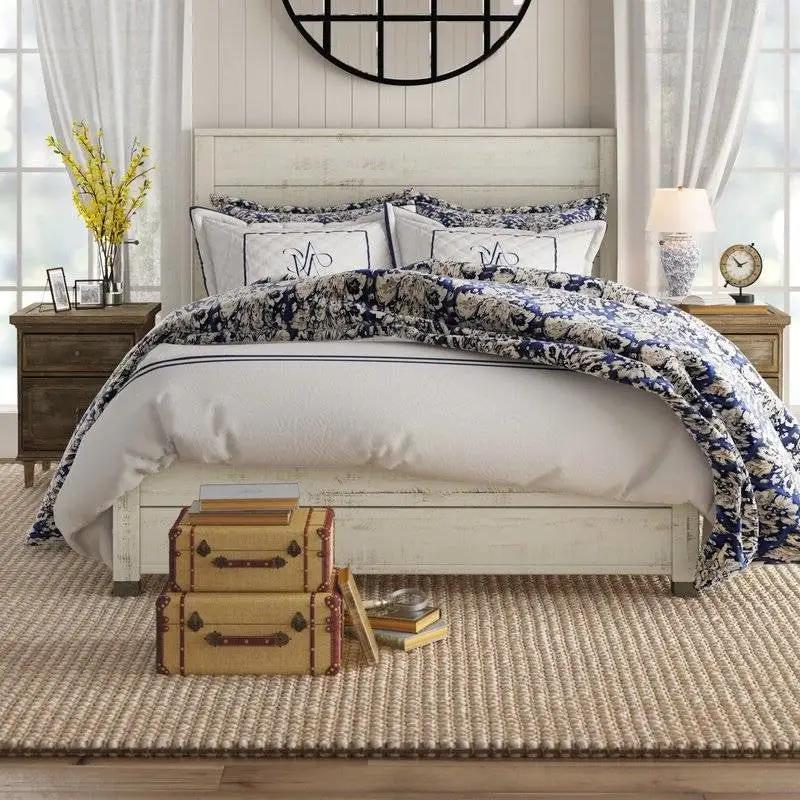 Queen Size Solid Wood Platform Bed Frame with Headboard in Rustic White Finish by HomePacific