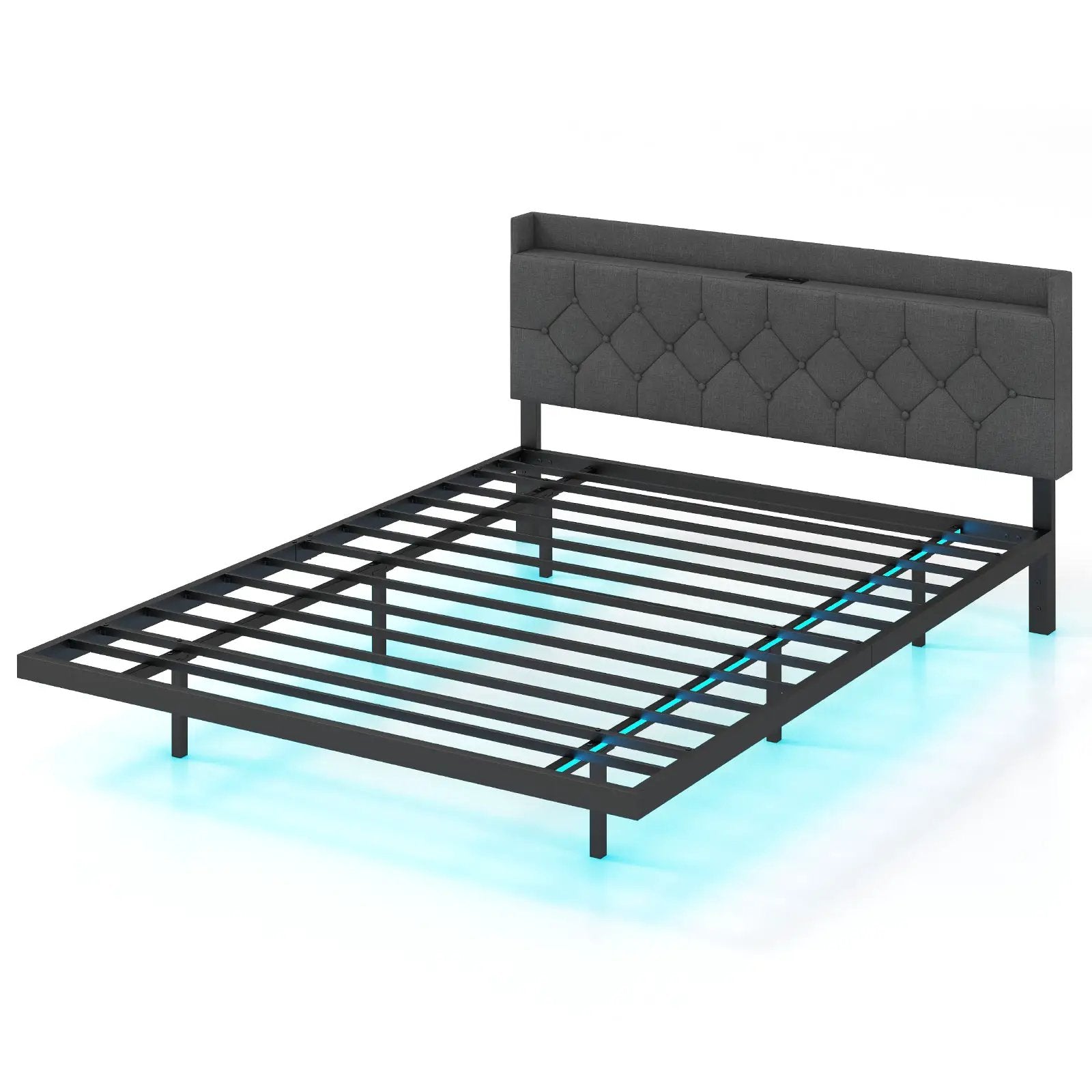 Full/Queen Size Floating Bed Frame with LED and Headboard and Charging Station by DirectDeals