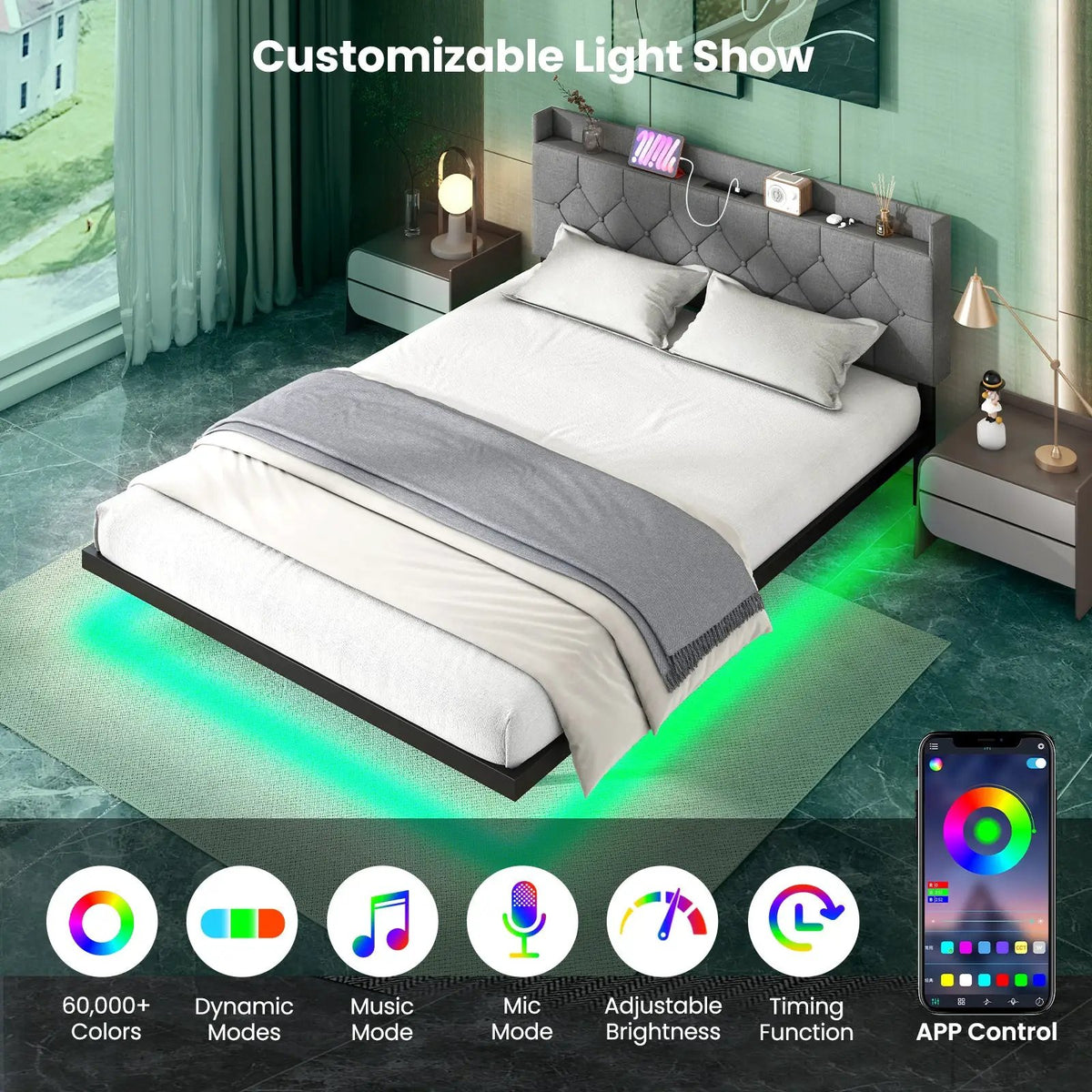 Full/Queen Size Floating Bed Frame with LED and Headboard and Charging Station by DirectDeals