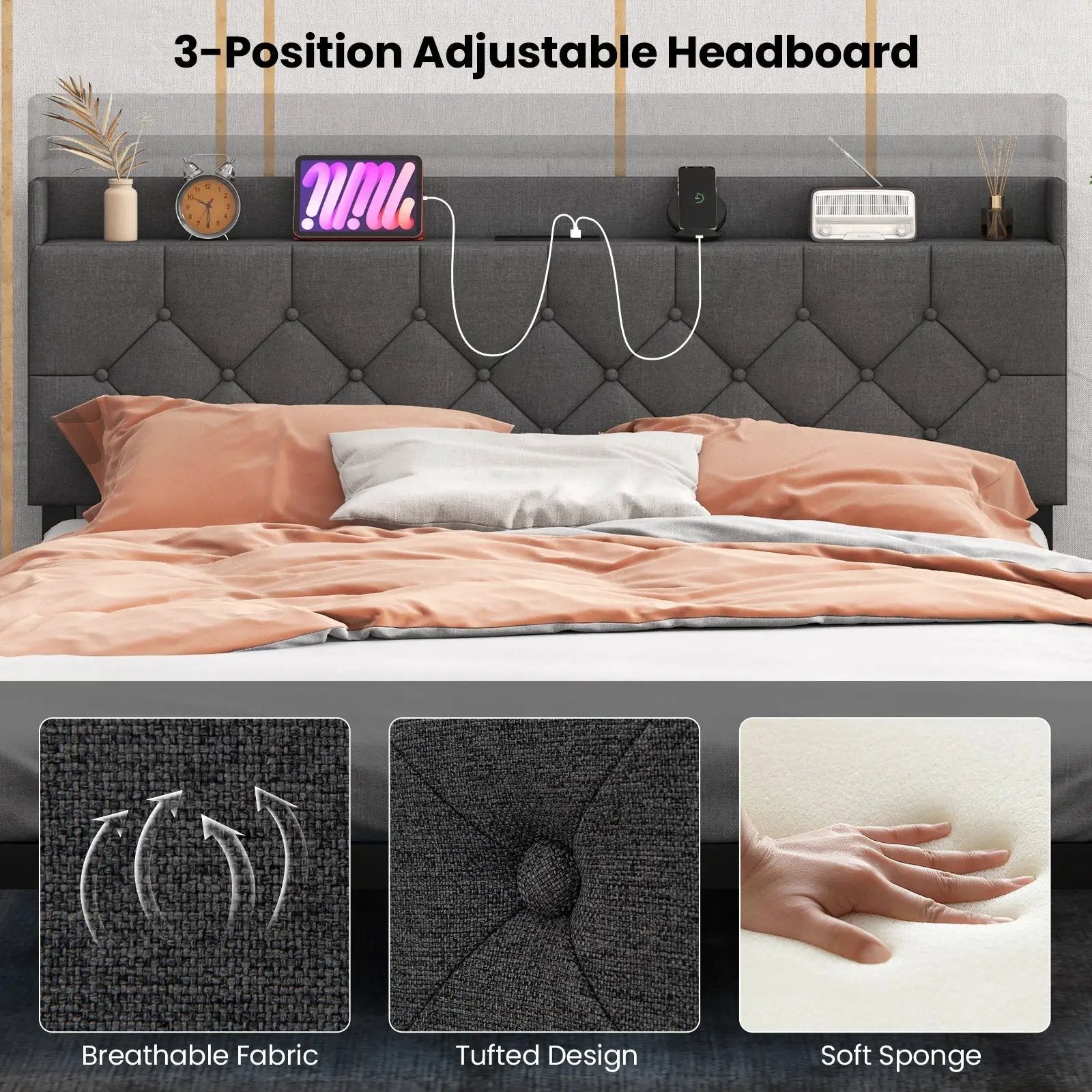 Full/Queen Size Floating Bed Frame with LED and Headboard and Charging Station by DirectDeals