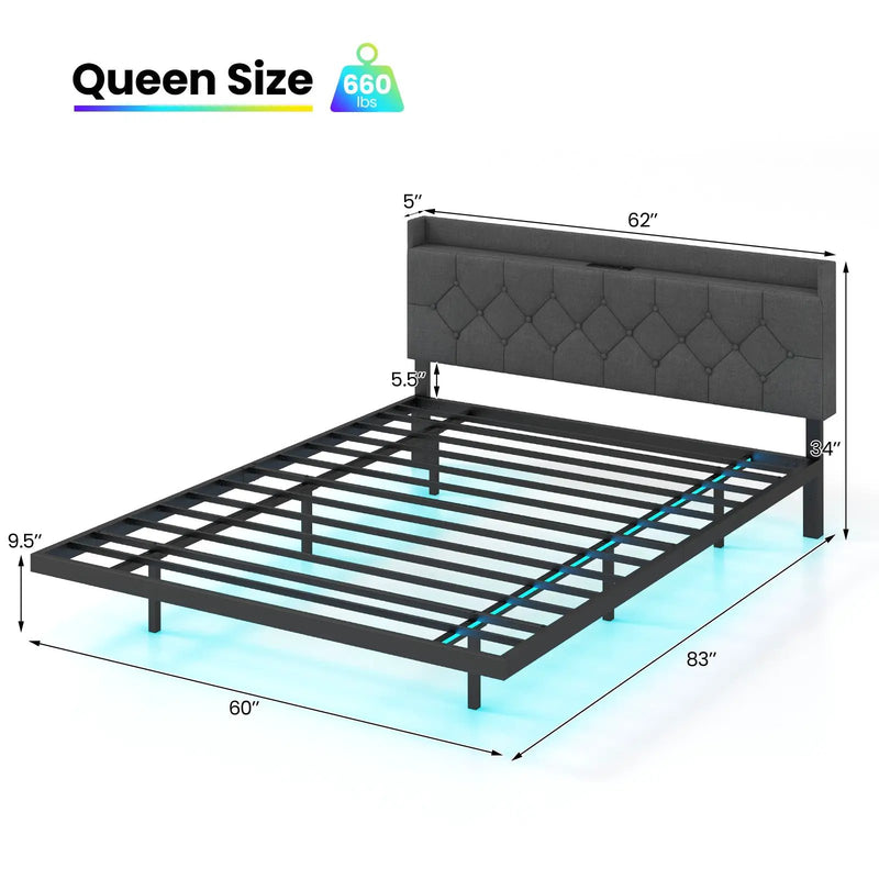 Full/Queen Size Floating Bed Frame with LED and Headboard and Charging Station by DirectDeals