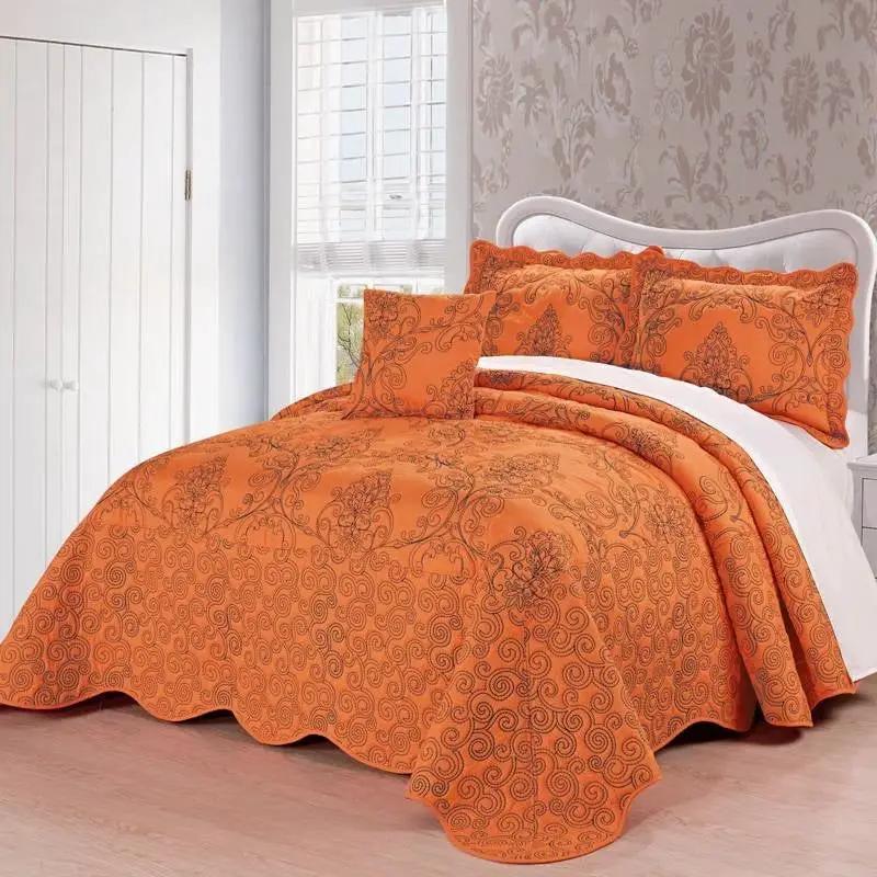 Queen size Orange Nectarine Damask Embroidered 4 Piece Oversized Bedspread Set by HomePacific