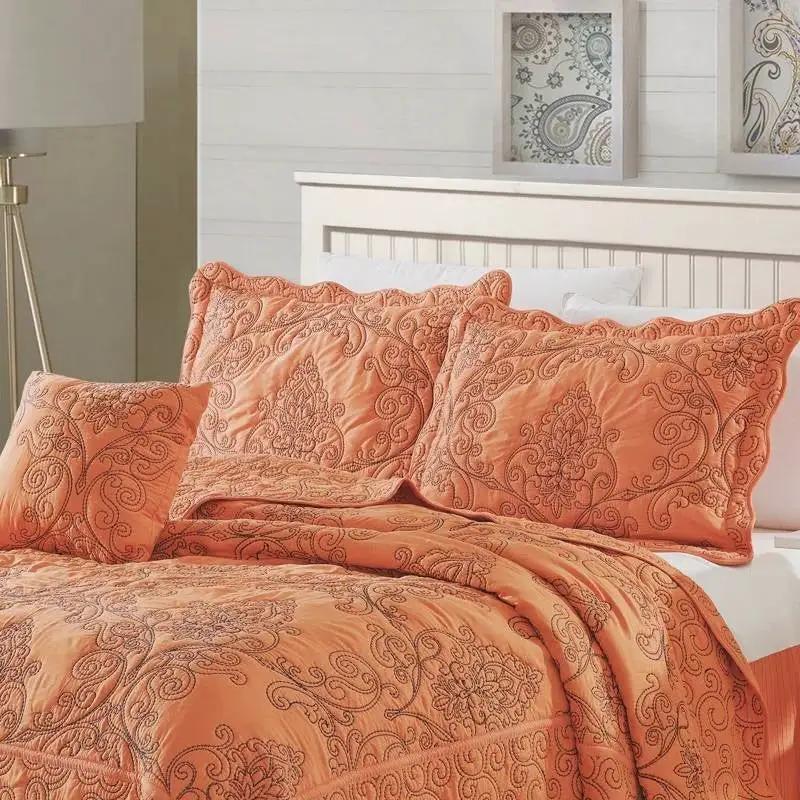 Queen size Orange Nectarine Damask Embroidered 4 Piece Oversized Bedspread Set by HomePacific