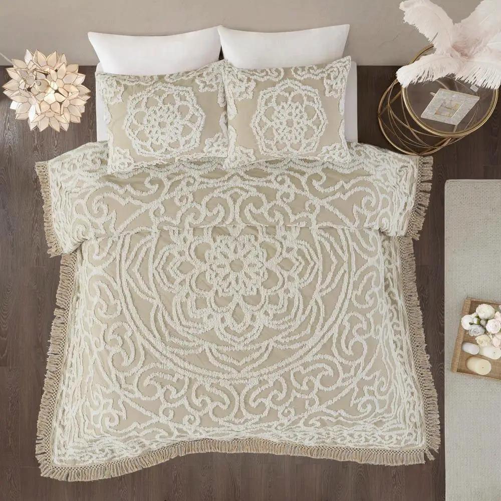 Queen 100-Percent Cotton Chenille Bedspread with Fringe Hem in Khaki Taupe Beige by HomePacific