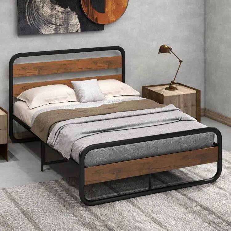 Queen Industrial Wood and Metal Tube Platform Bed with Headboard and Footboard by HomePacific