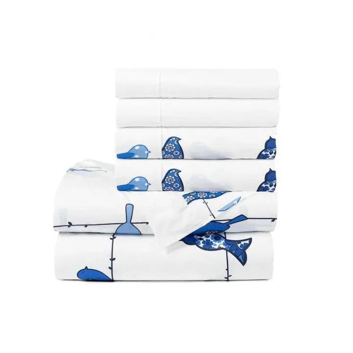 Queen size Blue White Floral Birds on Wire Soft Polyester 6 Piece Sheet Set by HomePacific