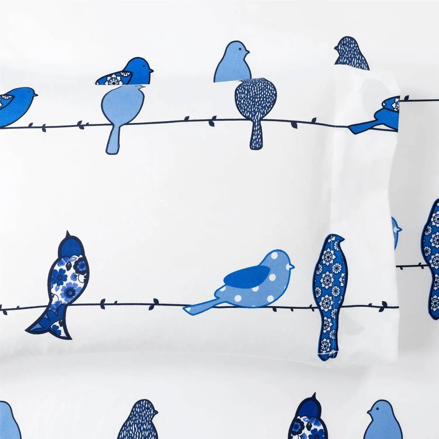 Queen size Blue White Floral Birds on Wire Soft Polyester 6 Piece Sheet Set by HomePacific