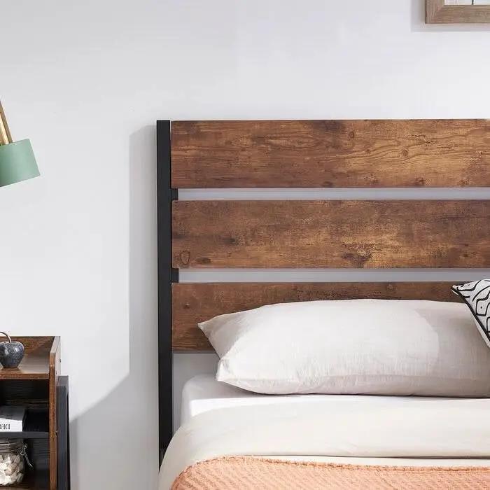 Queen Industrial Platform Bed Frame with Brown Wood Slatted Headboard Footboard by HomePacific