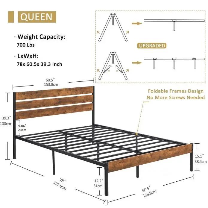 Queen Industrial Platform Bed Frame with Brown Wood Slatted Headboard Footboard by HomePacific
