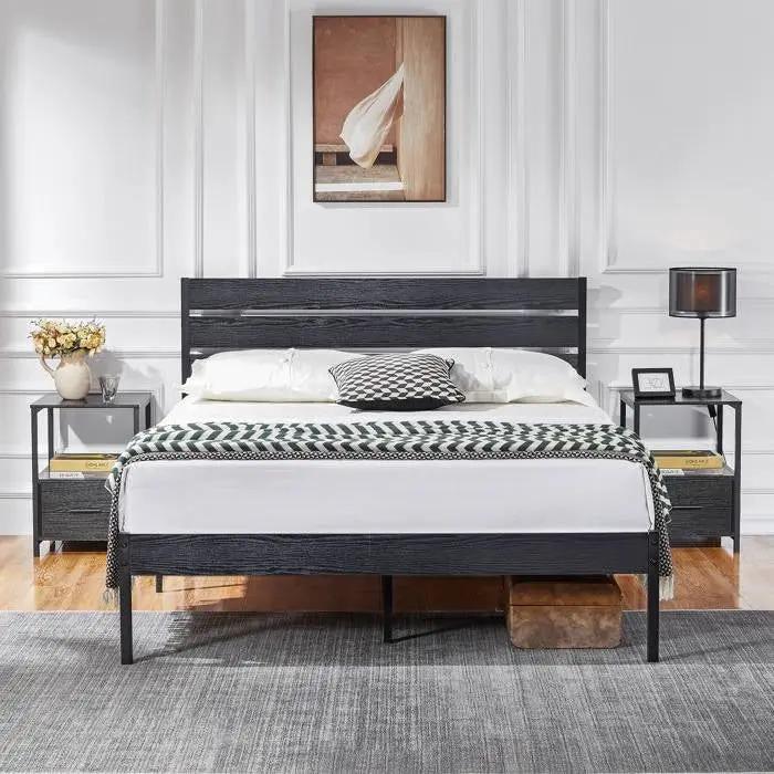 Queen size Industrial Platform Bed Frame with Wood Slatted Headboard in Black by HomePacific