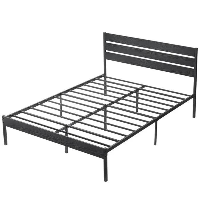 Queen size Industrial Platform Bed Frame with Wood Slatted Headboard in Black by HomePacific