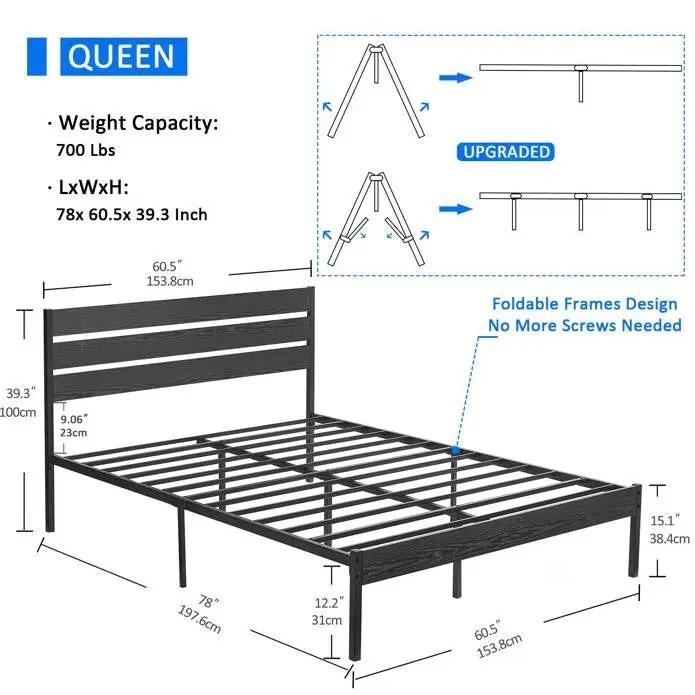 Queen size Industrial Platform Bed Frame with Wood Slatted Headboard in Black by HomePacific