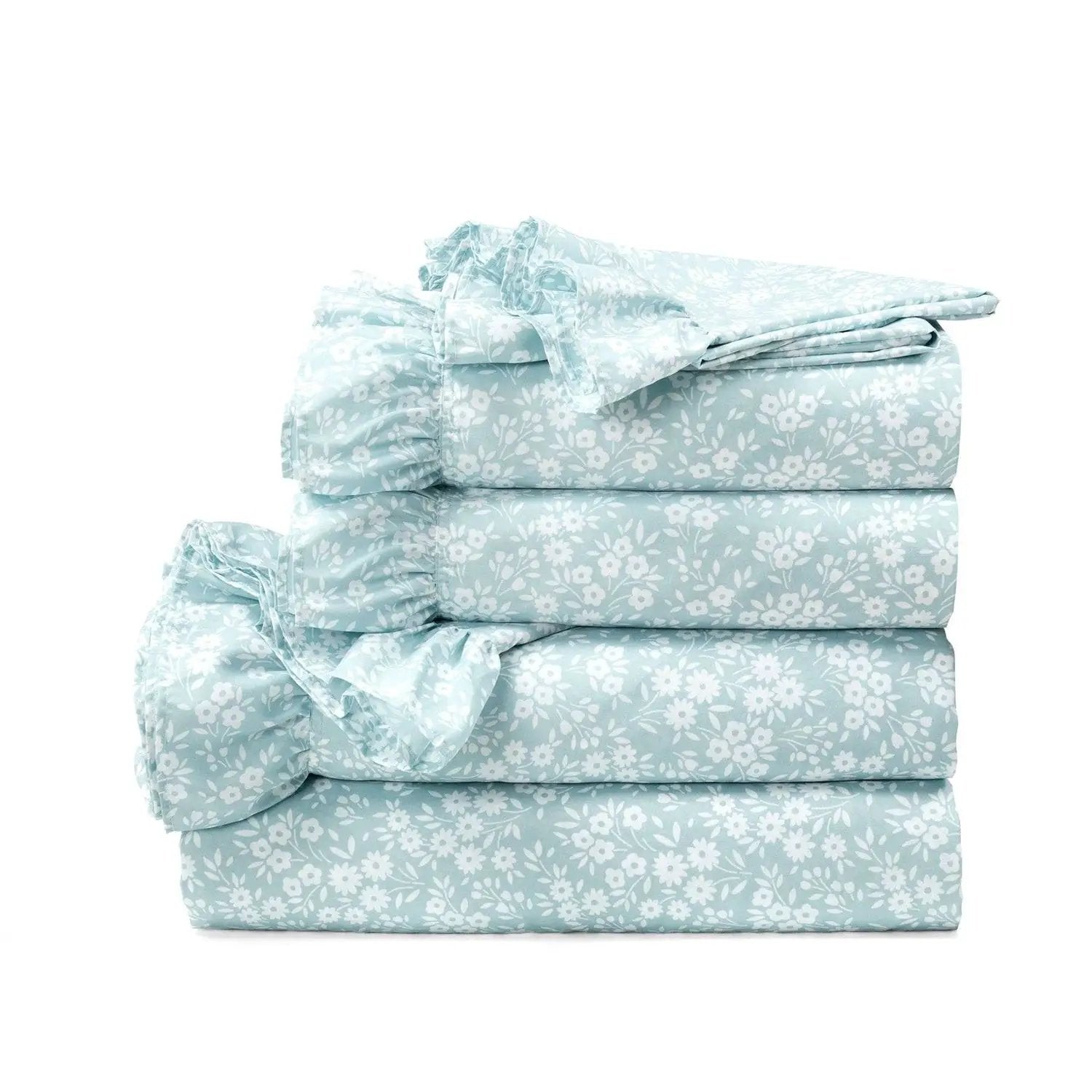 Queen Size Polyester Blue Ruffle Floral 6 Piece Sheet Set by HomePacific
