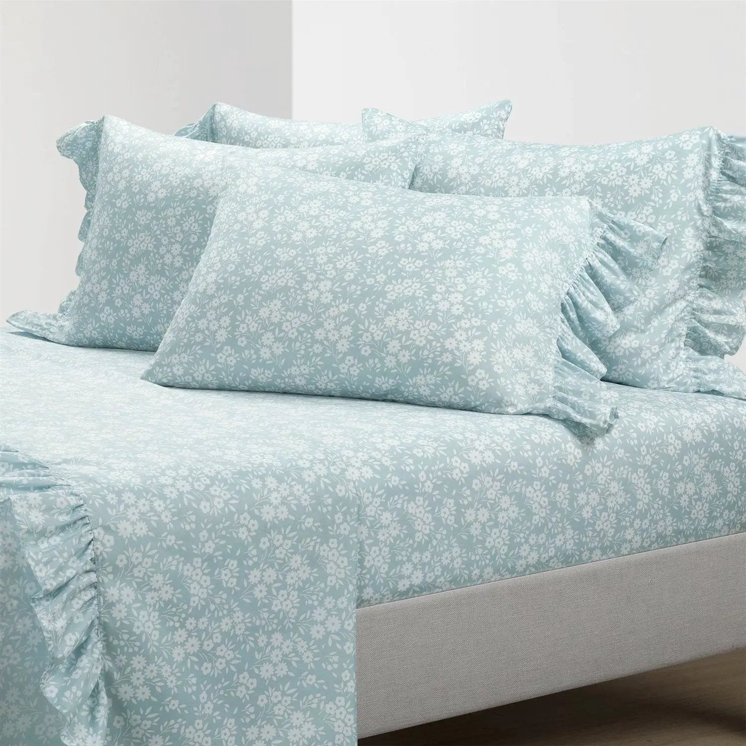 Queen Size Polyester Blue Ruffle Floral 6 Piece Sheet Set by HomePacific