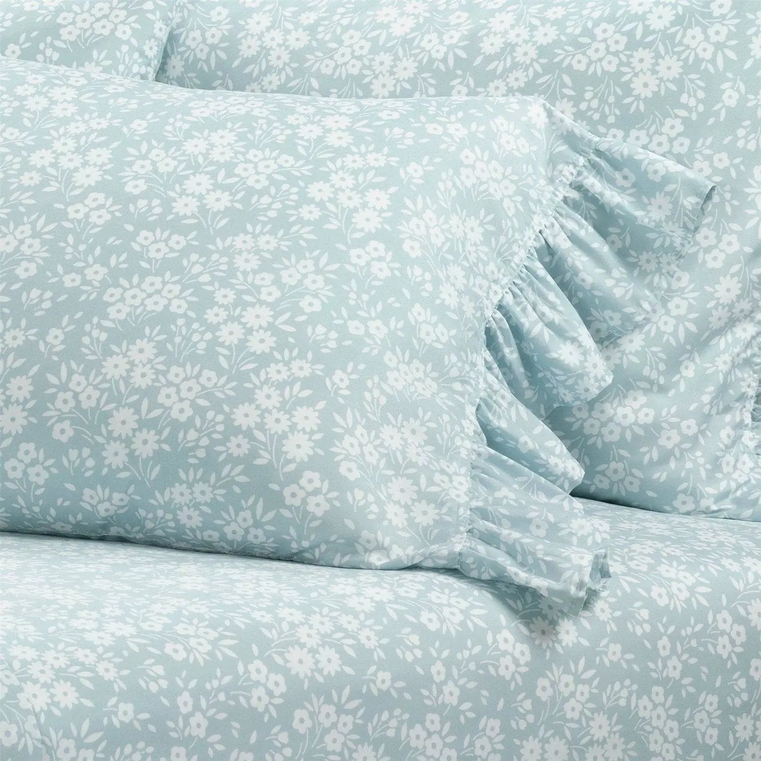 Queen Size Polyester Blue Ruffle Floral 6 Piece Sheet Set by HomePacific