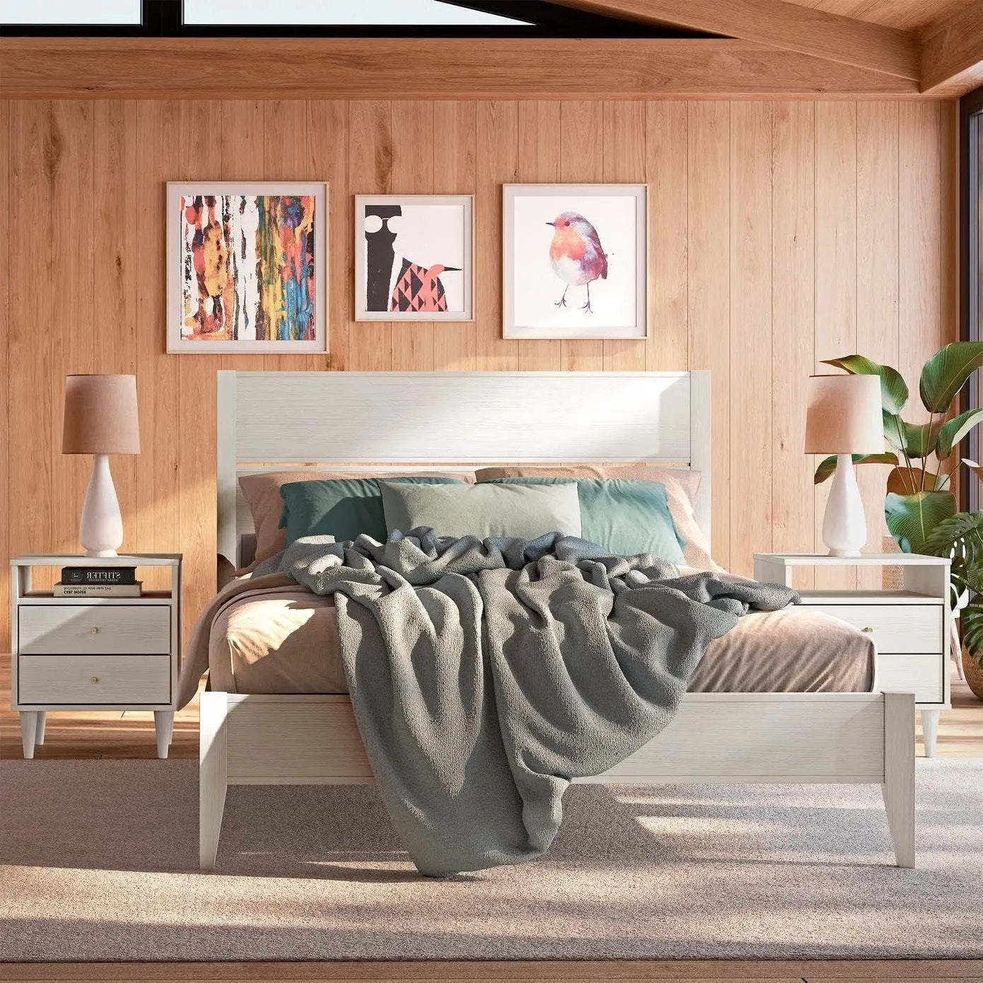 Queen Size Rustic White Mid Century Slatted Platform Bed by HomePacific