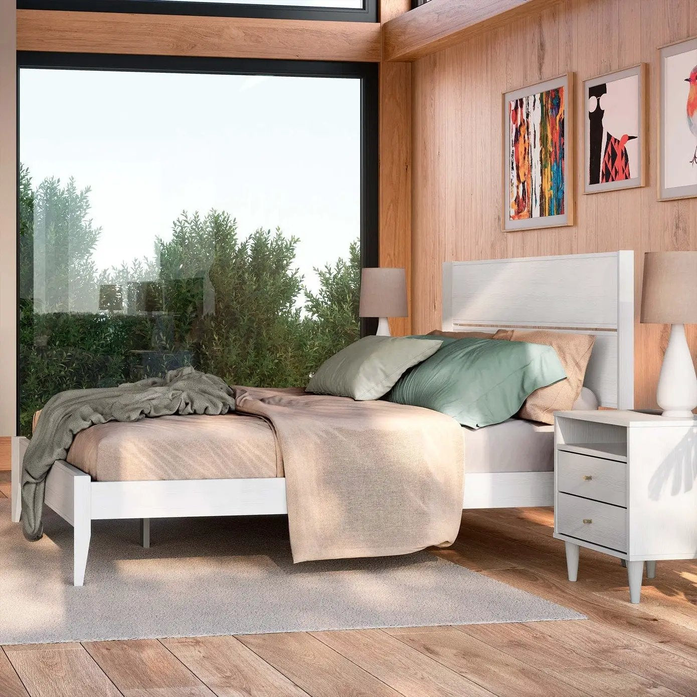 Queen Size Rustic White Mid Century Slatted Platform Bed by HomePacific