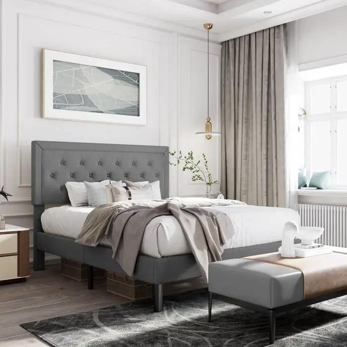 Queen Dark Grey Linen Upholstered Platform Bed with Button-Tufted Headboard by HomePacific