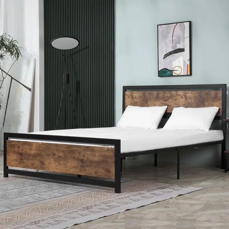 Queen Size FarmHouse Metal Wood Platform Bed Headboard Footboard by HomePacific