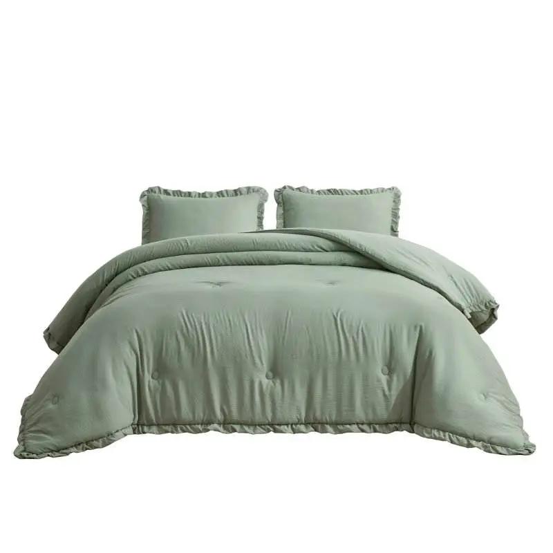 Oversized Queen Sage Microfiber 3-Piece Comforter Set with Ruffled Edge Trim by HomePacific