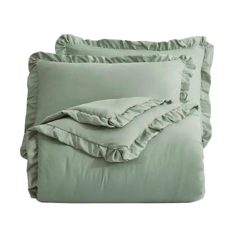 Oversized Queen Sage Microfiber 3-Piece Comforter Set with Ruffled Edge Trim by HomePacific