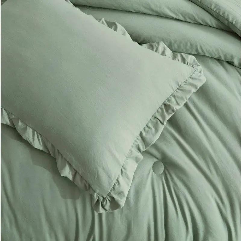 Oversized Queen Sage Microfiber 3-Piece Comforter Set with Ruffled Edge Trim by HomePacific