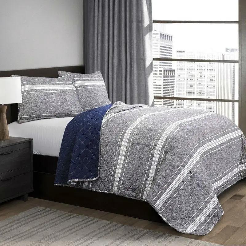 Queen Gray Navy Stripe Motif 100% Cotton Reversible Quilt Coverlet Bedspread Set by HomePacific