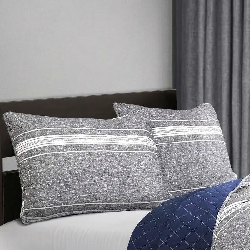 Queen Gray Navy Stripe Motif 100% Cotton Reversible Quilt Coverlet Bedspread Set by HomePacific
