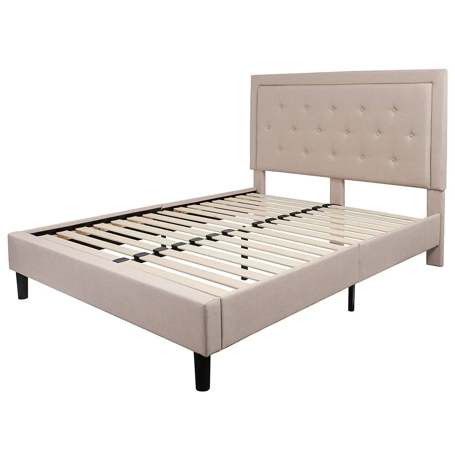 Queen Beige Upholstered Platform Bed Frame with Button Tufted Headboard by HomePacific