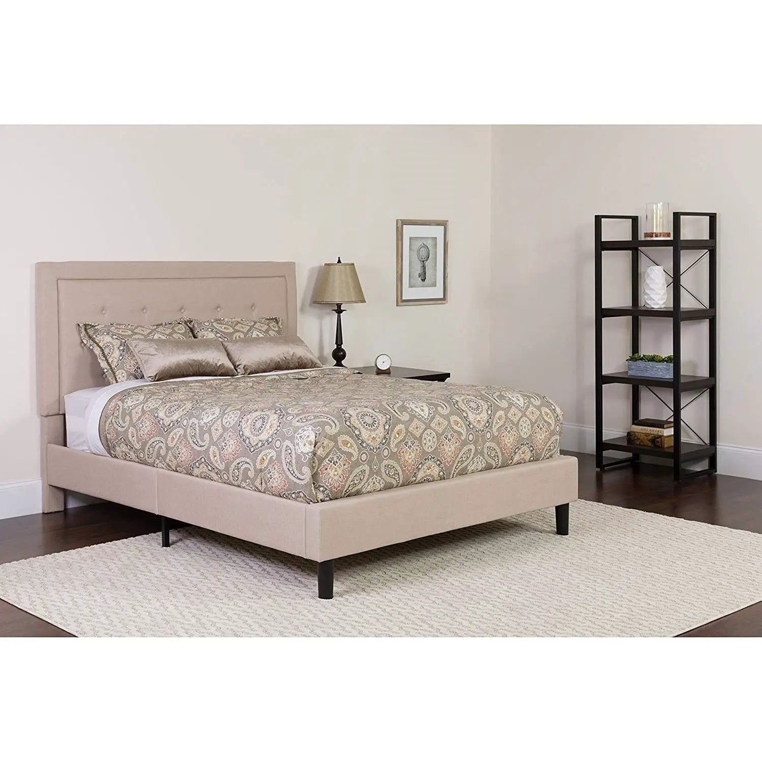 Queen Beige Upholstered Platform Bed Frame with Button Tufted Headboard by HomePacific