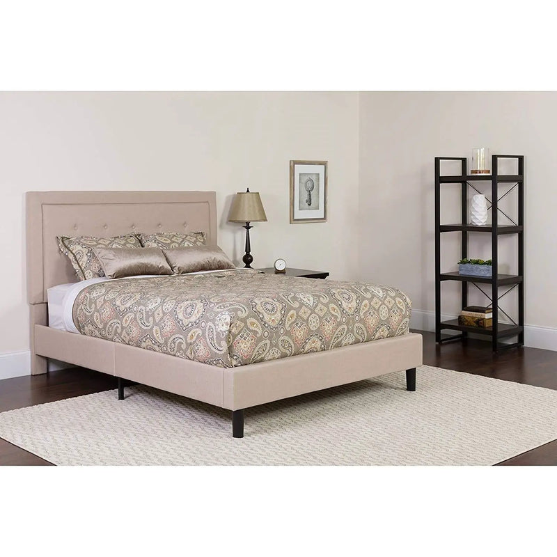Queen Beige Upholstered Platform Bed Frame with Button Tufted Headboard by HomePacific
