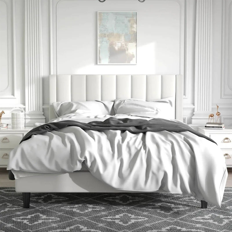 Queen size White Velvet Upholstered Platform Bed Frame with Headboard by HomePacific