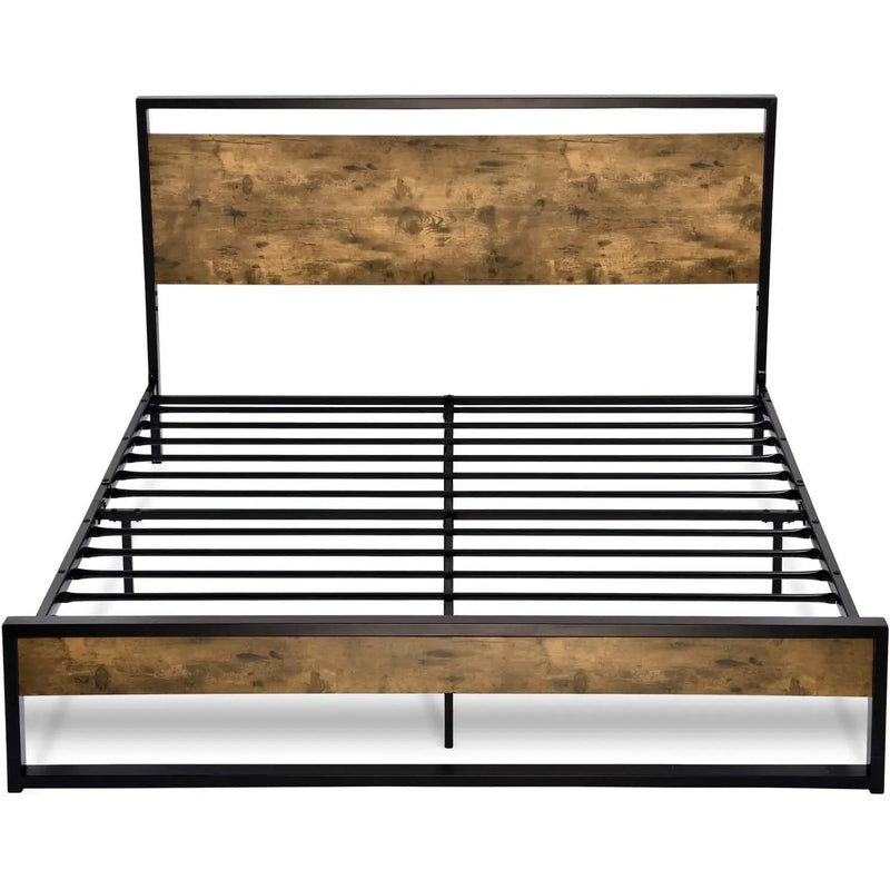 Queen size Metal Wood Platform Bed Frame with Industrial Headboard by HomePacific