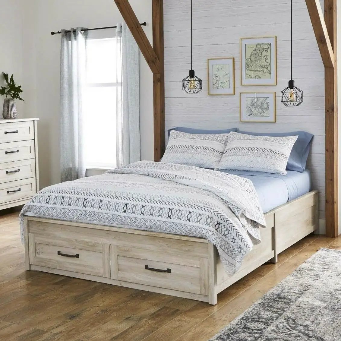Queen Farmhome Platform Bed with Storage Drawers in Off-White Wood Finish by HomePacific