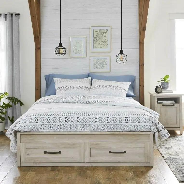 Queen Farmhome Platform Bed with Storage Drawers in Off-White Wood Finish by HomePacific