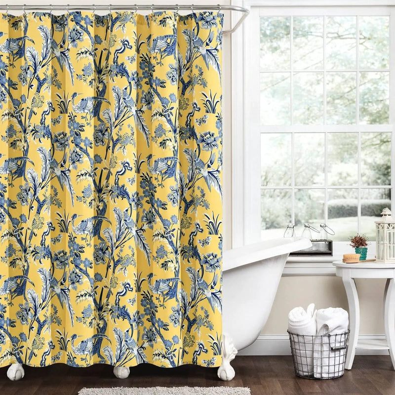 72-inch Yellow Navy Blue White Exotic Birds Floral Polyester Shower Curtain by HomePacific