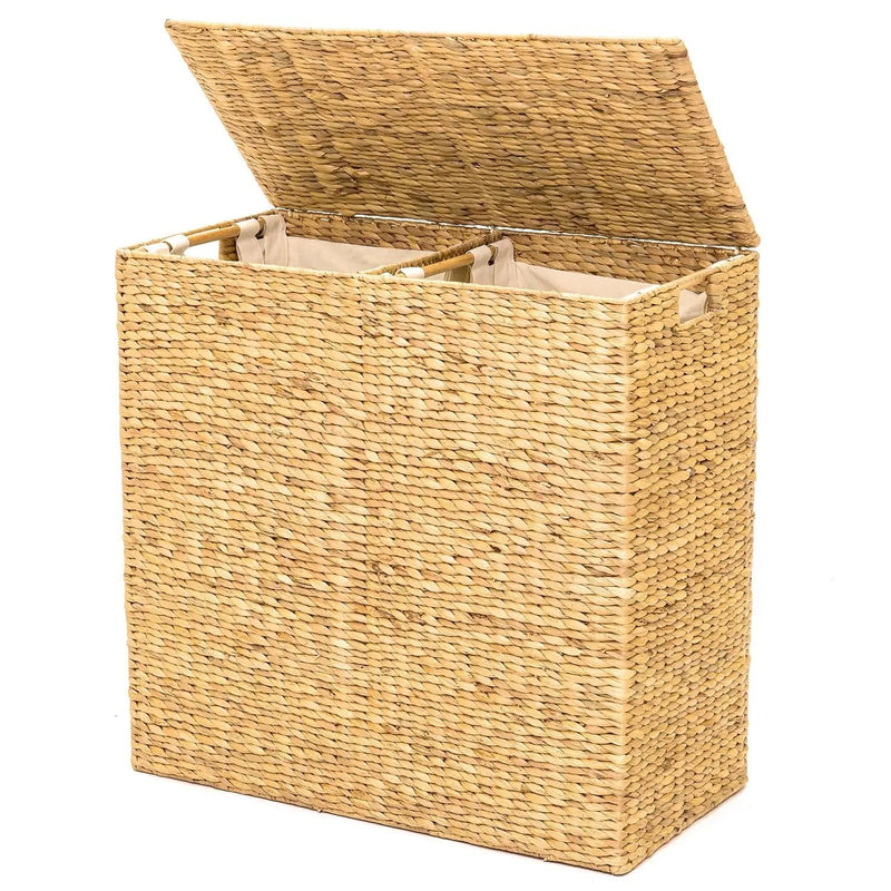 Natural 2-Bin Handwoven Hyacinth Linen Liner Laundry Hamper w/ Handles by HomePacific