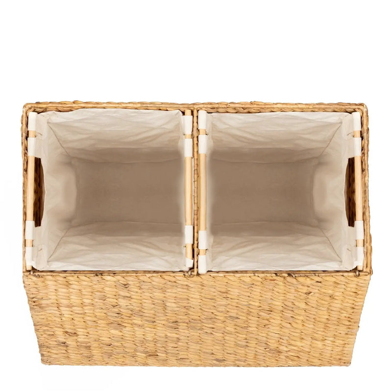 Natural 2-Bin Handwoven Hyacinth Linen Liner Laundry Hamper w/ Handles by HomePacific