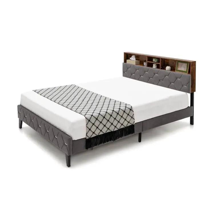 Queen Size Velvet Upholstered Open/Close Storage Headboard Platform Bed by HomePacific