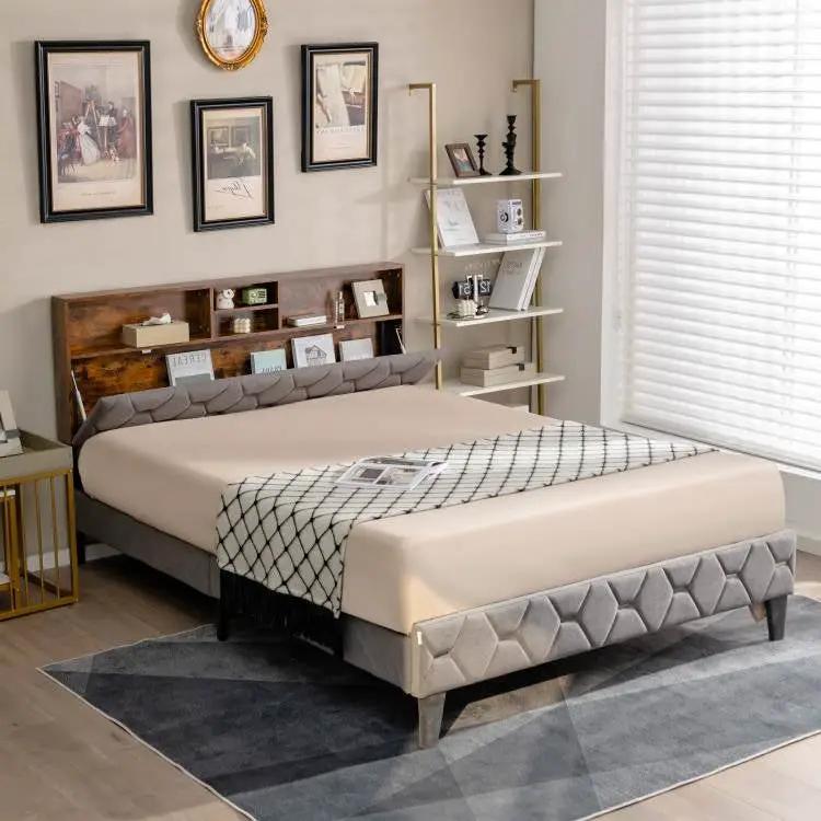 Queen Size Velvet Upholstered Open/Close Storage Headboard Platform Bed by HomePacific