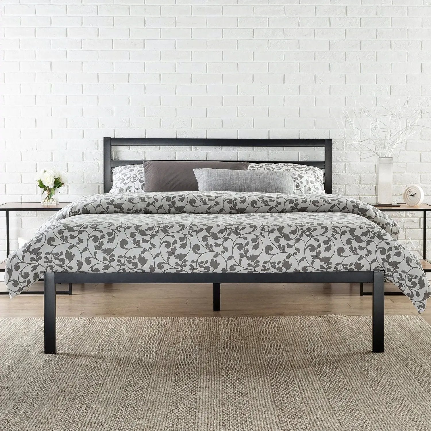 Queen Metal Platform Bed Frame with Headboard and Wood Slats by HomePacific
