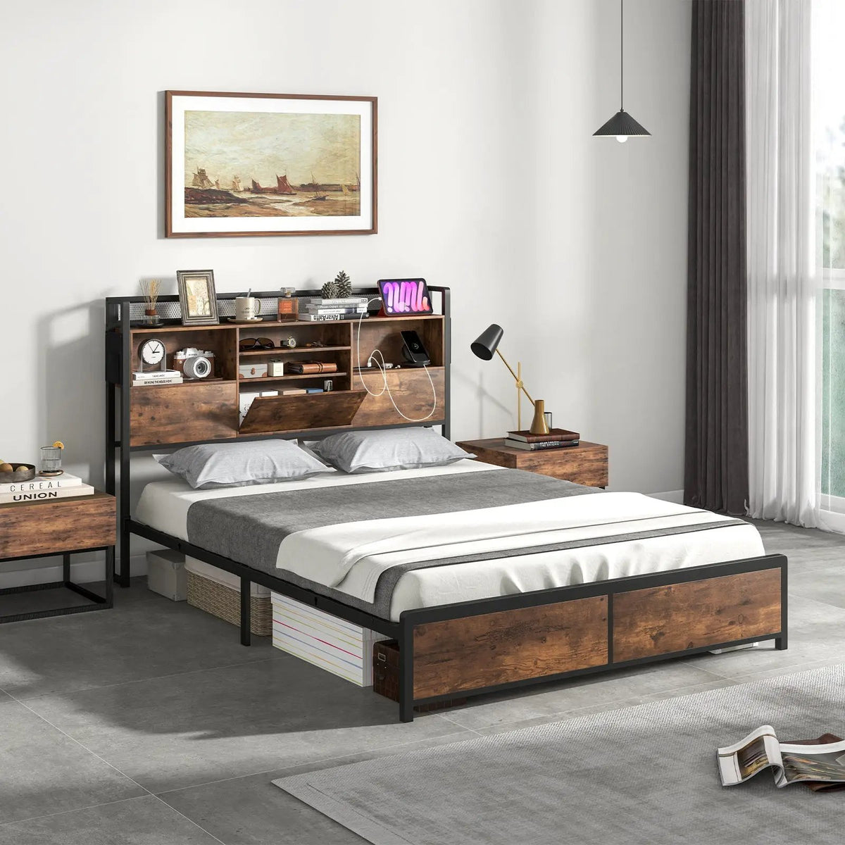 Full/Queen Size Bed Frame with 3-Tier Bookcase Headboard and Charging Station by DirectDeals