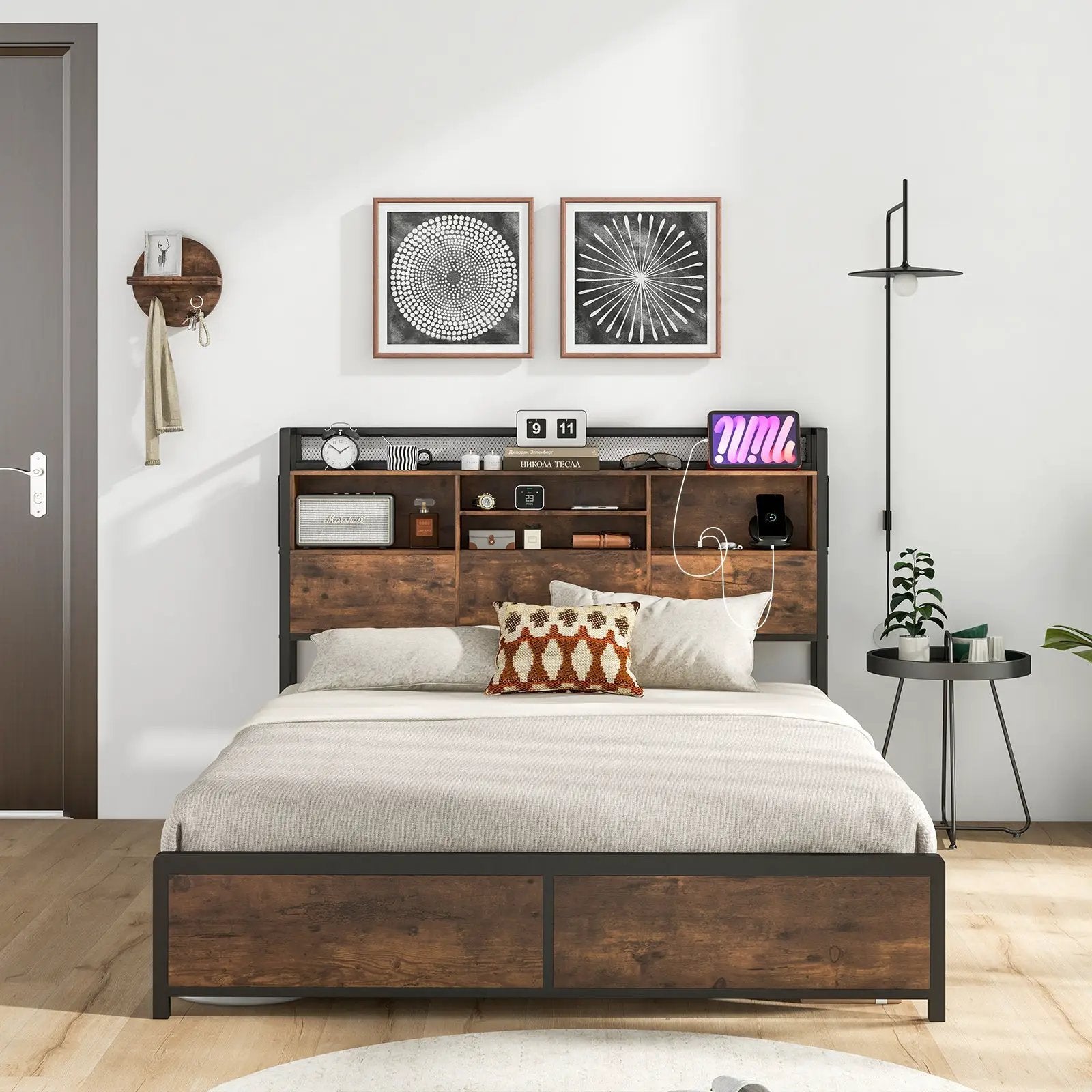 Full/Queen Size Bed Frame with 3-Tier Bookcase Headboard and Charging Station by DirectDeals