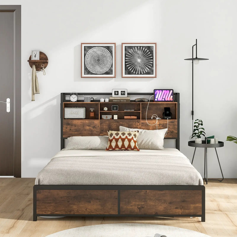 Full/Queen Size Bed Frame with 3-Tier Bookcase Headboard and Charging Station by DirectDeals