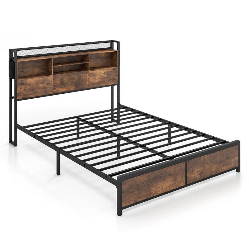 Full/Queen Size Bed Frame with 3-Tier Bookcase Headboard and Charging Station by DirectDeals