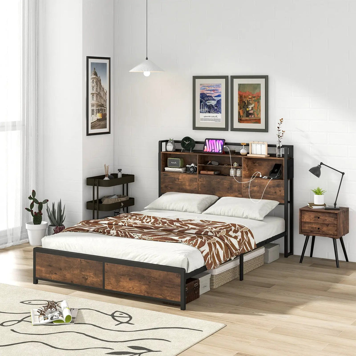 Full/Queen Size Bed Frame with 3-Tier Bookcase Headboard and Charging Station by DirectDeals