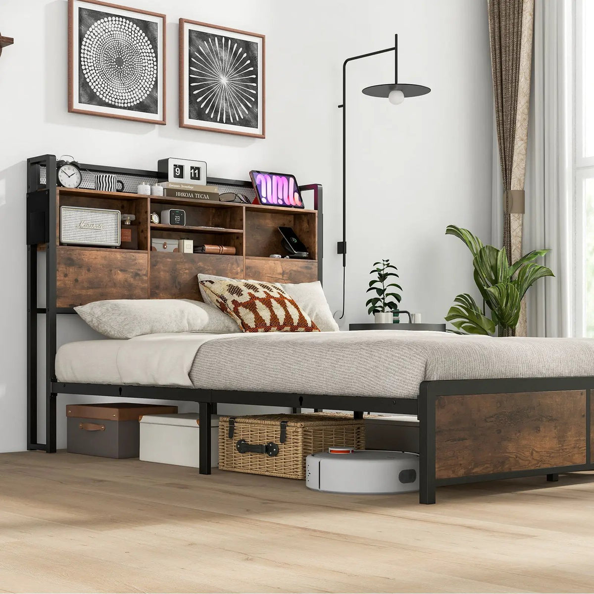 Full/Queen Size Bed Frame with 3-Tier Bookcase Headboard and Charging Station by DirectDeals