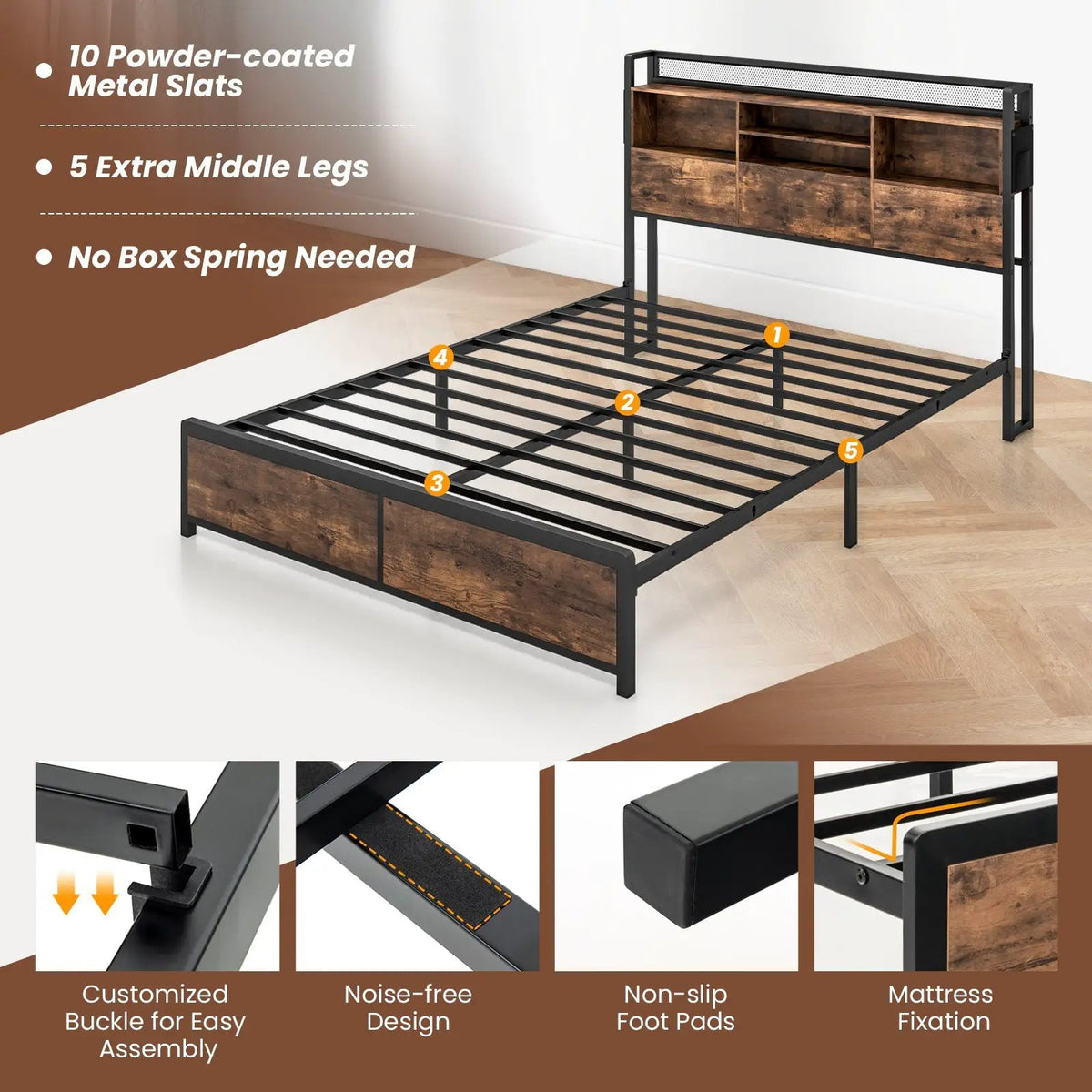 Full/Queen Size Bed Frame with 3-Tier Bookcase Headboard and Charging Station by DirectDeals