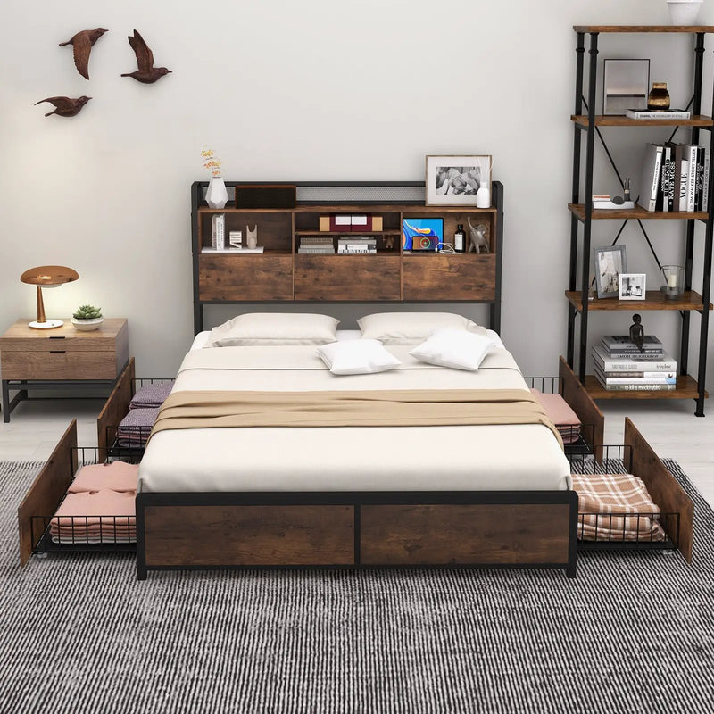 Full/Queen Size Bed Frame with Bookcase Headboard and 4 Storage Drawers by DirectDeals